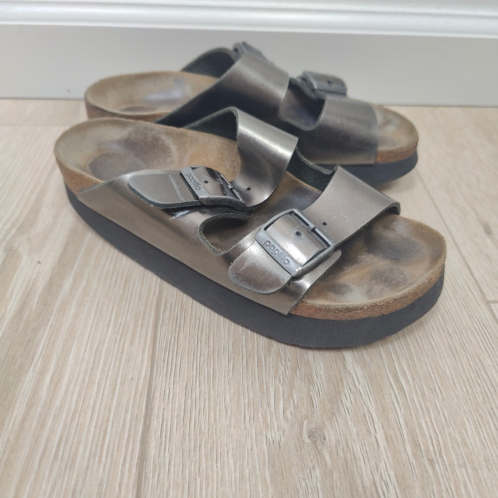 Papillio Birkenstock Arizona Platform Sandals Womens 36 Pewter Metallic Slides
